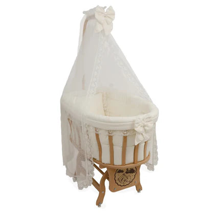 Natural Wooden 0–1 Year Bassinet with Basket and Colorful Bedding Set