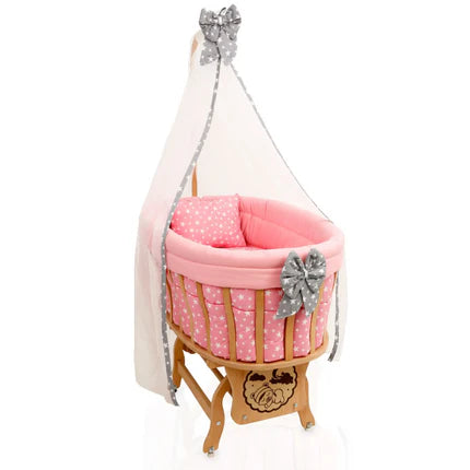 Natural Wooden 0–1 Year Bassinet with Basket and Colorful Bedding Set