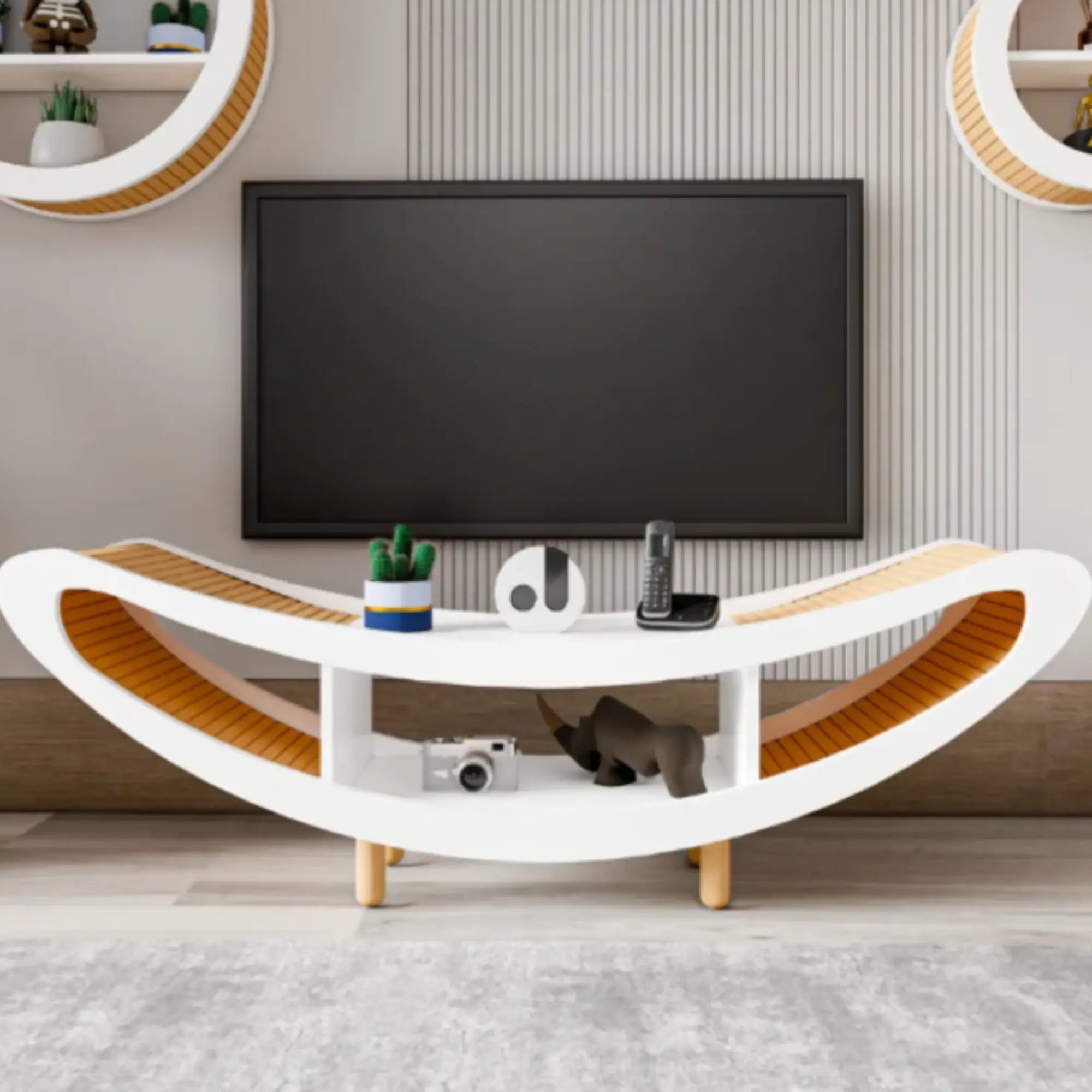 Scandinavian Modern TV Stand with Solid Beech Slats, MDF Body in White or Sapphire Oak – 160x40x56 cm, Stylish & Functional Media Console