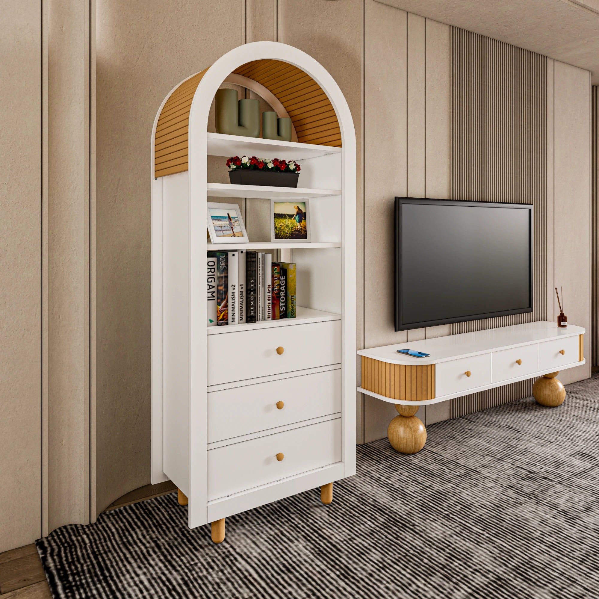 Berlin Bookcase | White %100 MDF, Varnished Beech Slats, With Drawer, Bohemian & Modern Design