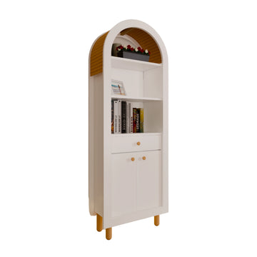 Berlin Bookcase | White %100 MDF, Varnished Beech Slats, With Drawer, Bohemian & Modern Design