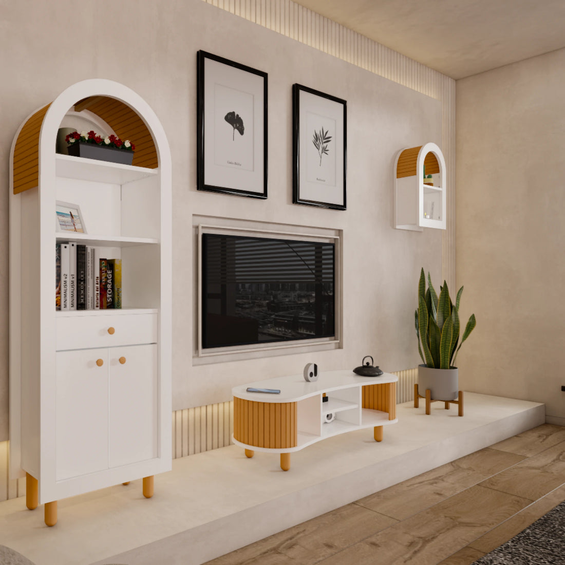 Berlin Bookcase | White %100 MDF, Varnished Beech Slats, With Drawer, Bohemian & Modern Design