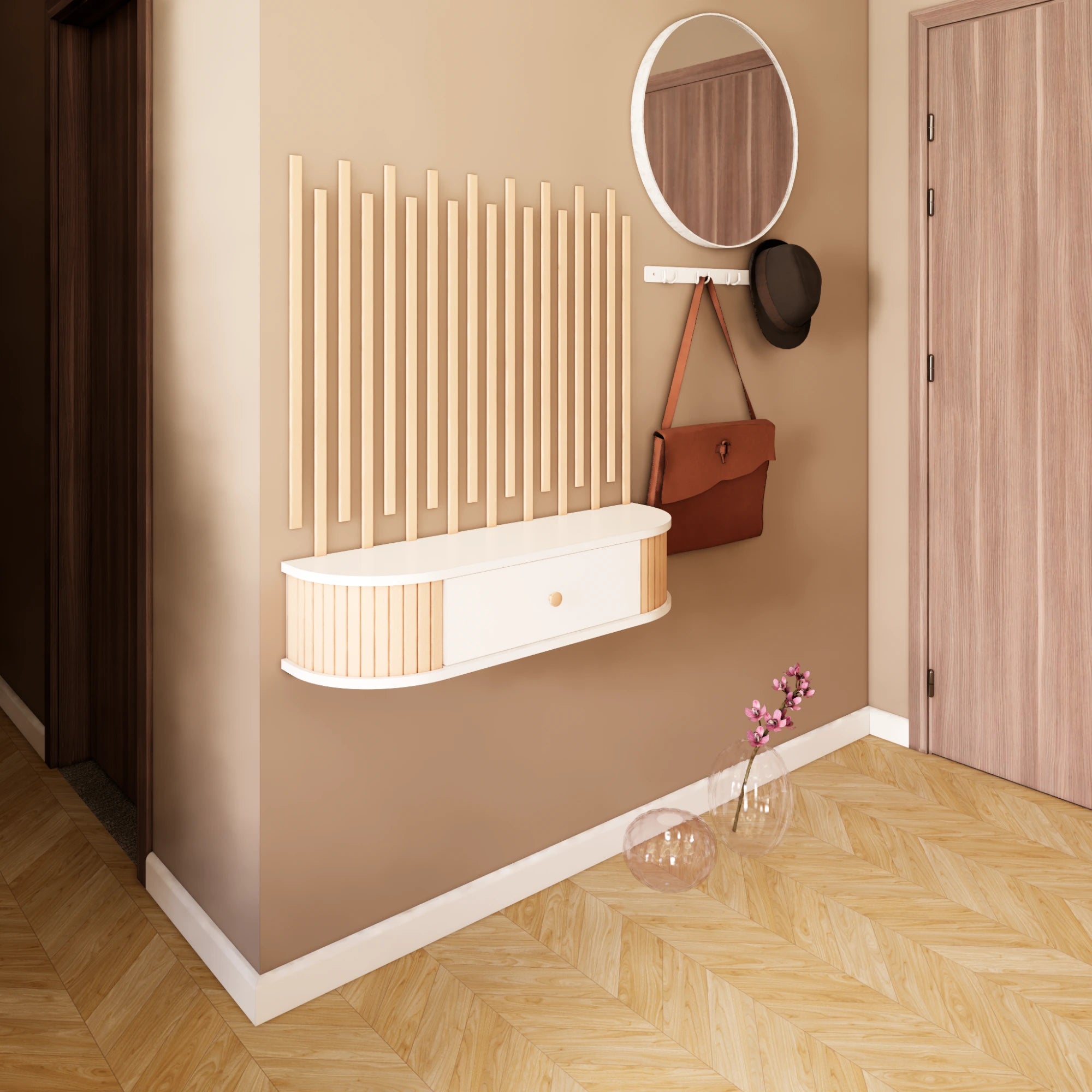 Console Table – Boho Style, Eco %100 MDF, Elegant Entryway Console with Wooden Slats