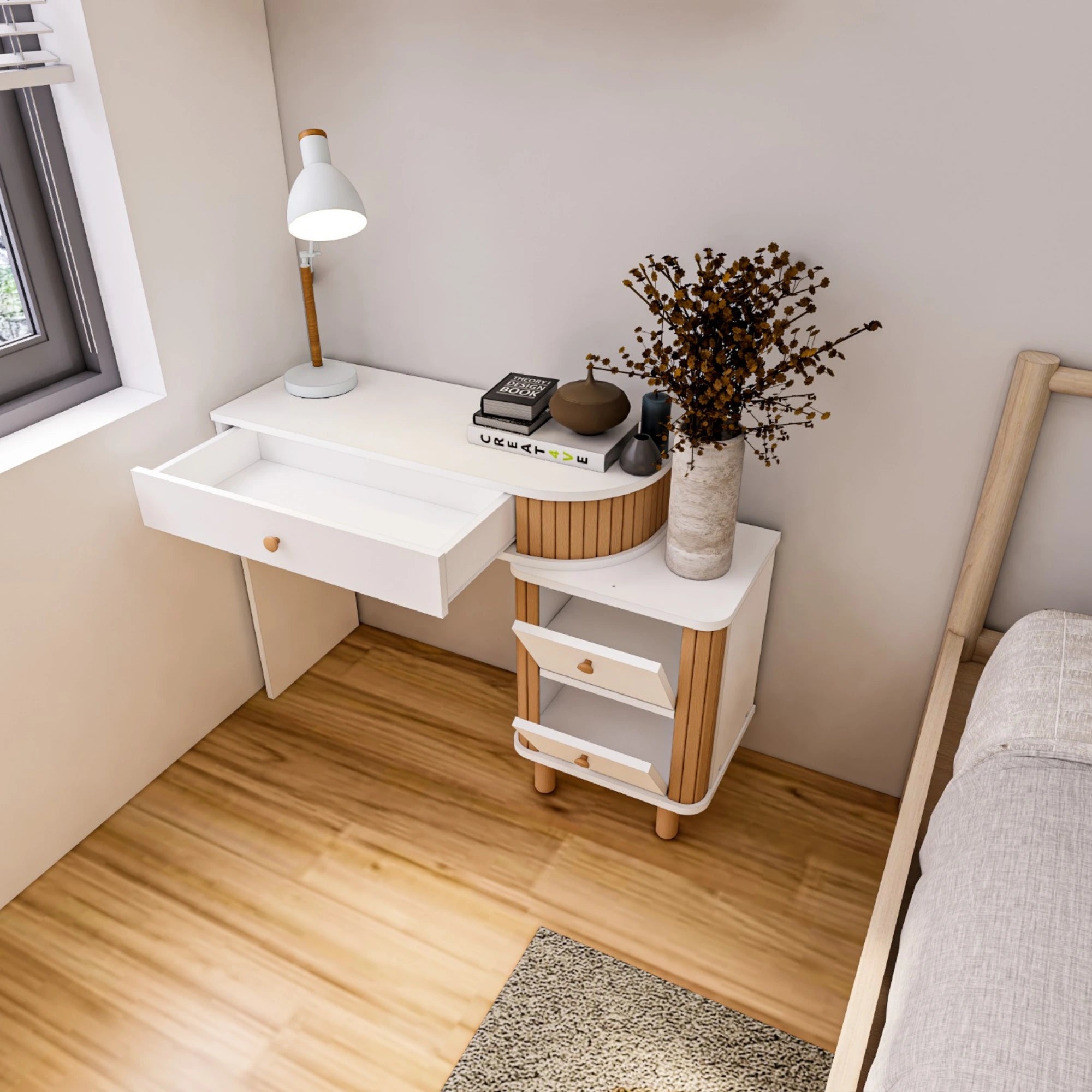 Berlin Bohemian Vanity Desk, 100% MDF & Varnished Beechwood – Drawer Nightstand