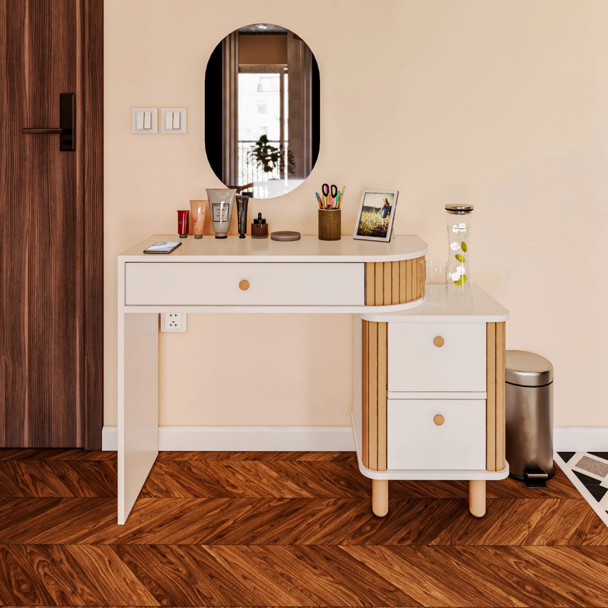 Berlin Bohemian Vanity Desk, 100% MDF & Varnished Beechwood – Drawer Nightstand