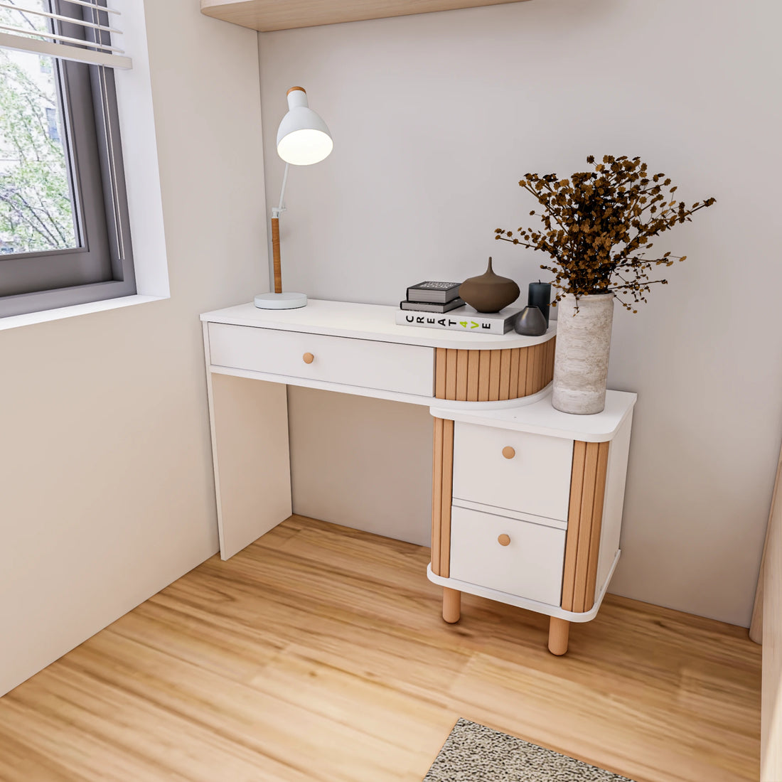 Berlin Bohemian Vanity Desk, 100% MDF & Varnished Beechwood – Drawer Nightstand