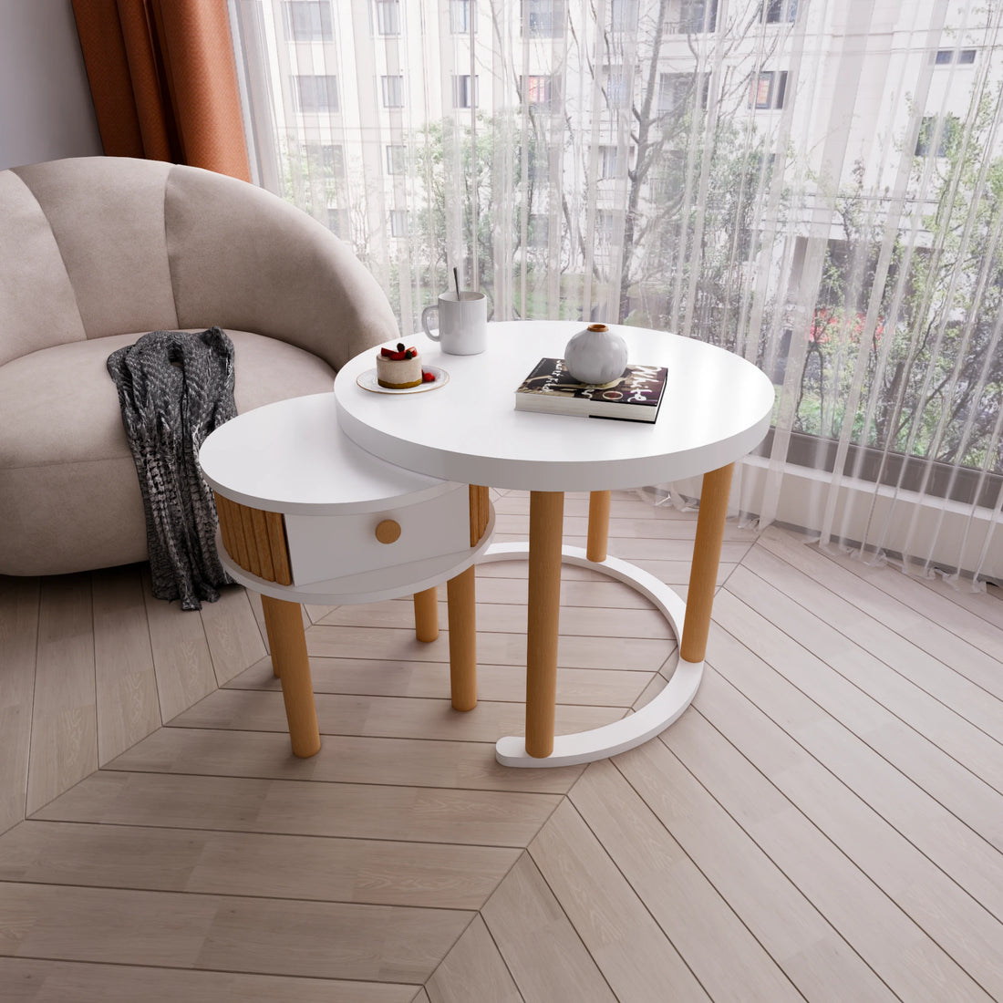 2-Piece Coffee Table Set, White with Drawer, Modern Design, 100% MDF & Varnished Beechwood