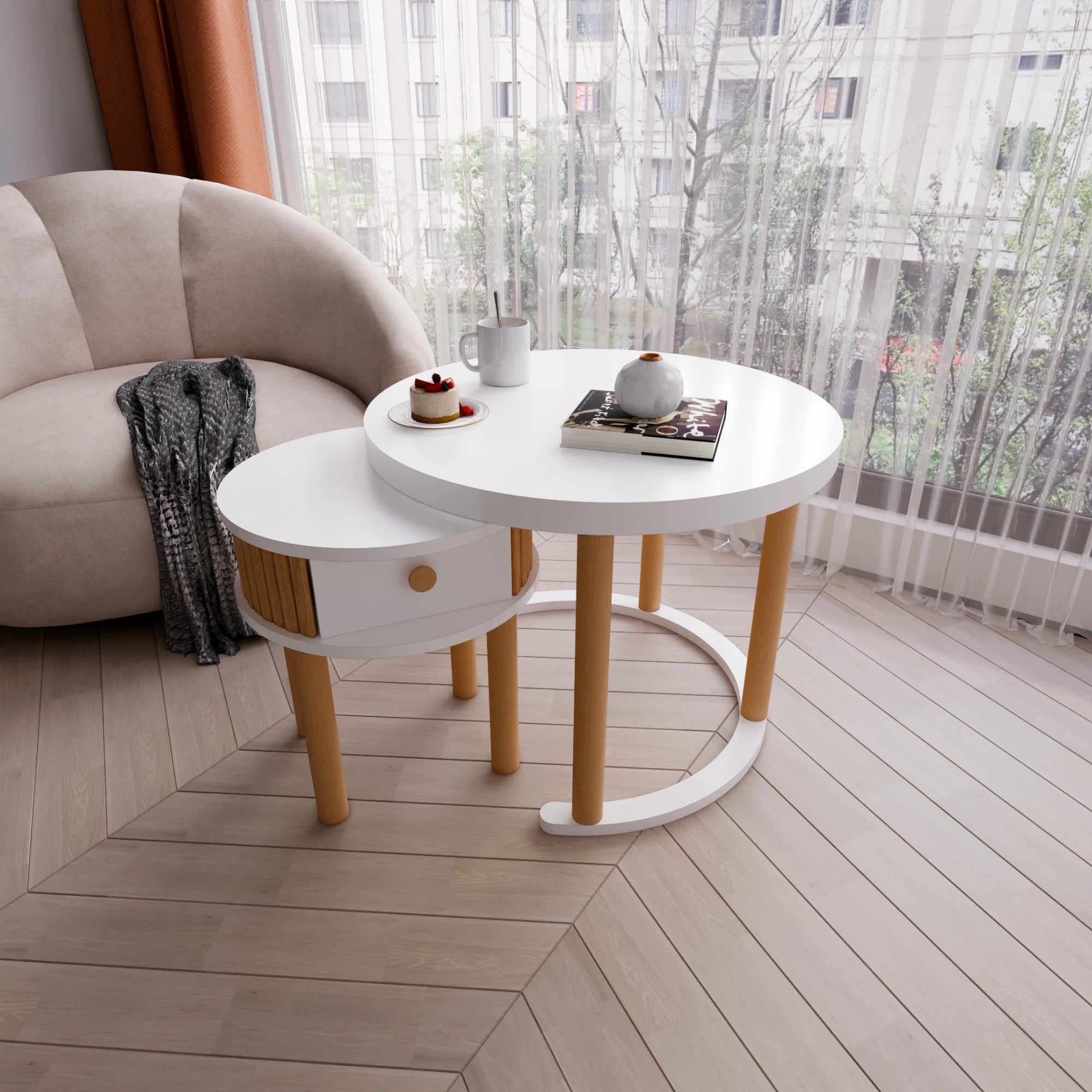 2-Piece Coffee Table Set, White with Drawer, Modern Design, 100% MDF & Varnished Beechwood
