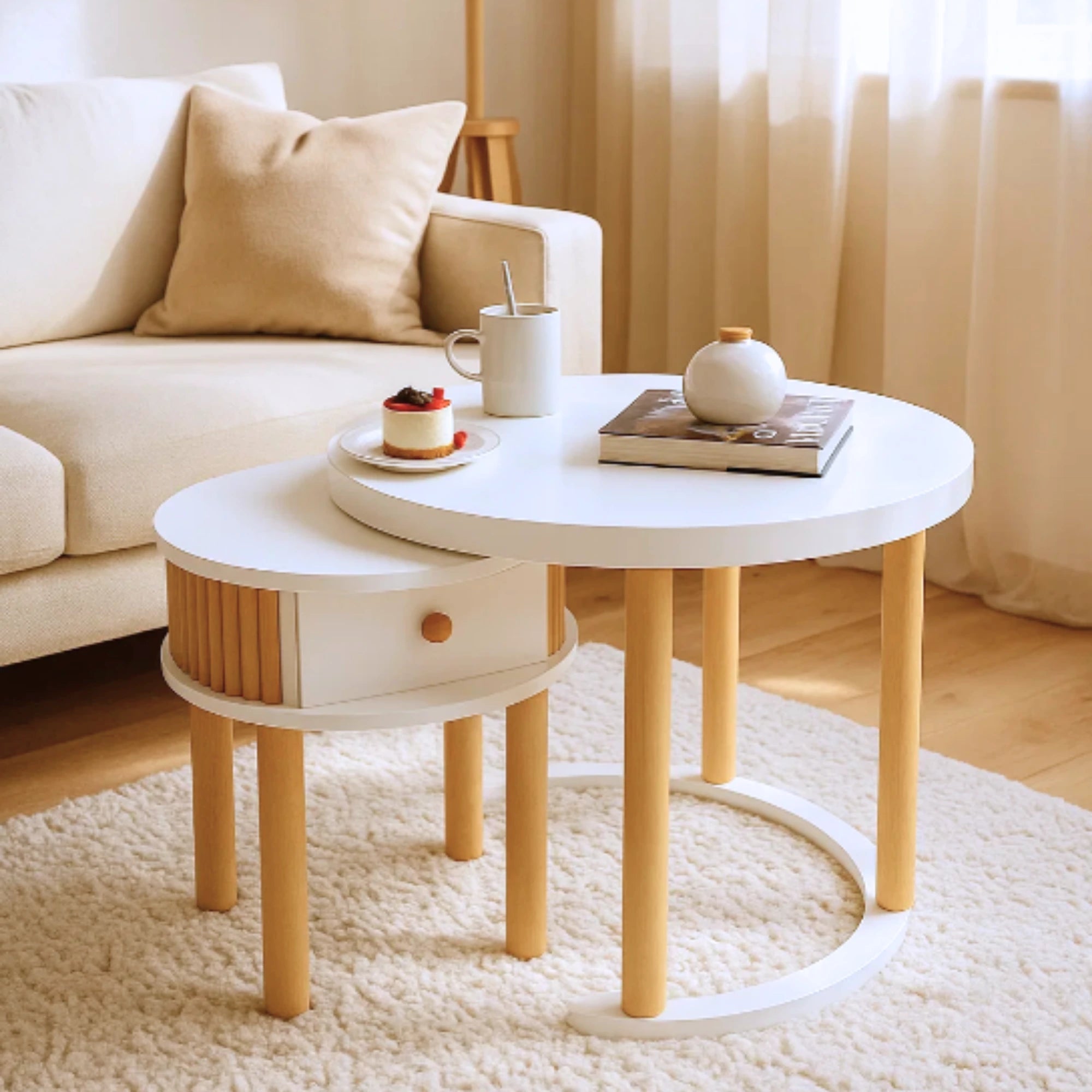 2-Piece Coffee Table Set, White with Drawer, Modern Design, 100% MDF & Varnished Beechwood