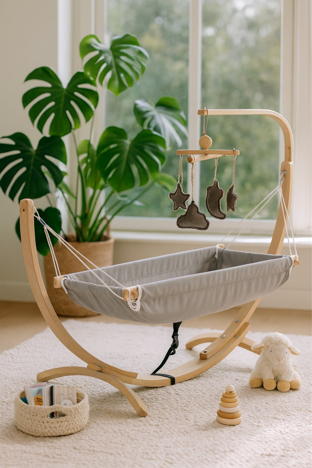 Grey Kids Hammock Bed with Wooden Stand – Toddler Hammock for Ages 3–5