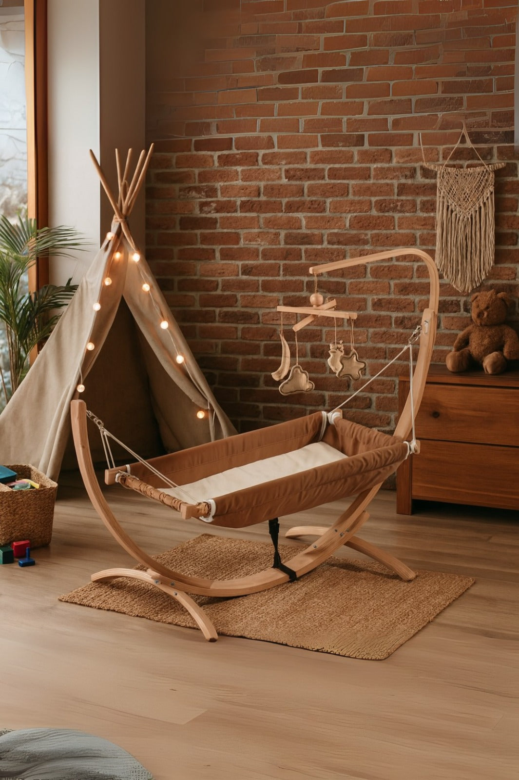 Brown Kids Hammock Bed with Wooden Stand – Toddler Hammock for Ages 3–5